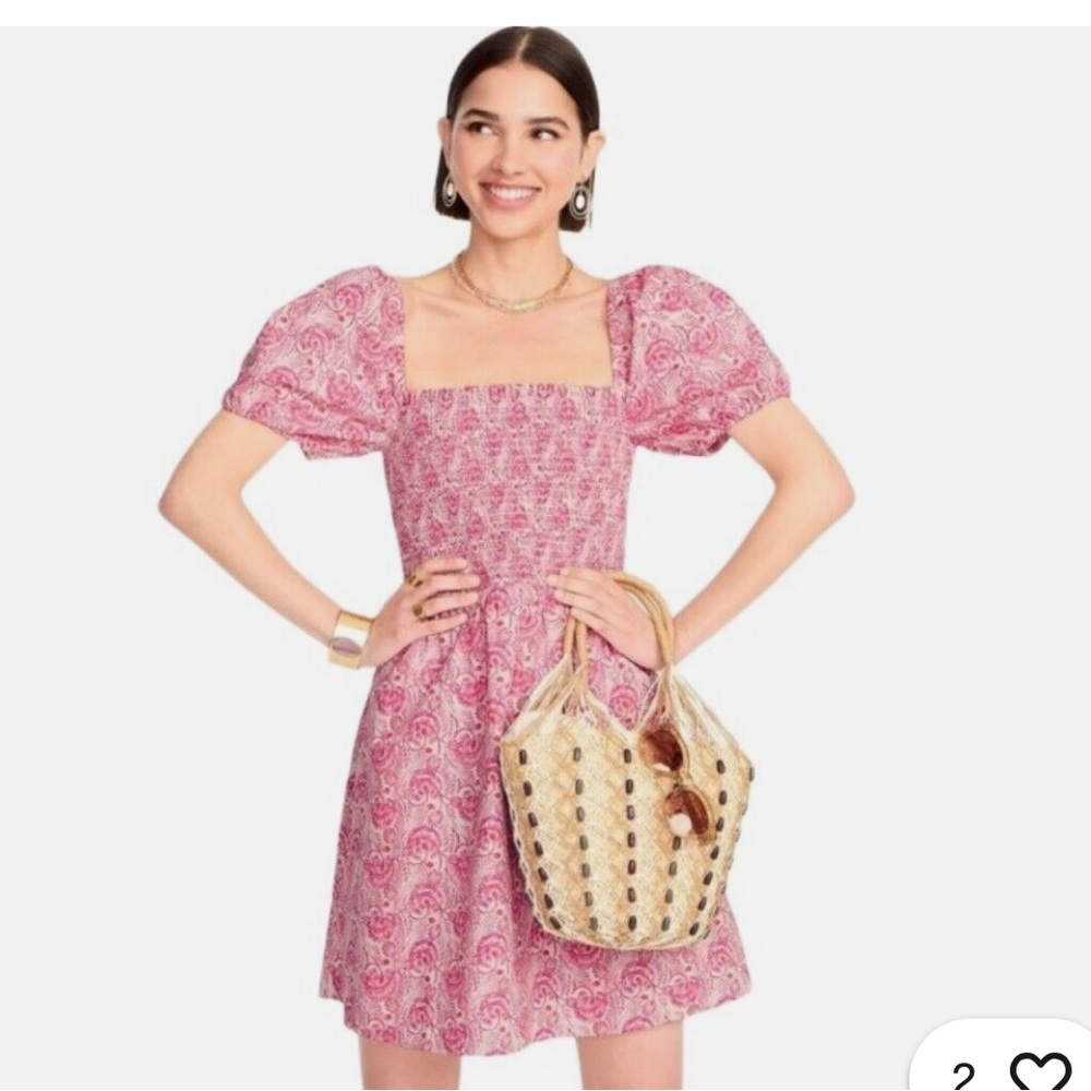 J.Crew Pink Puff-Sleeve Smocked Mini Dress
